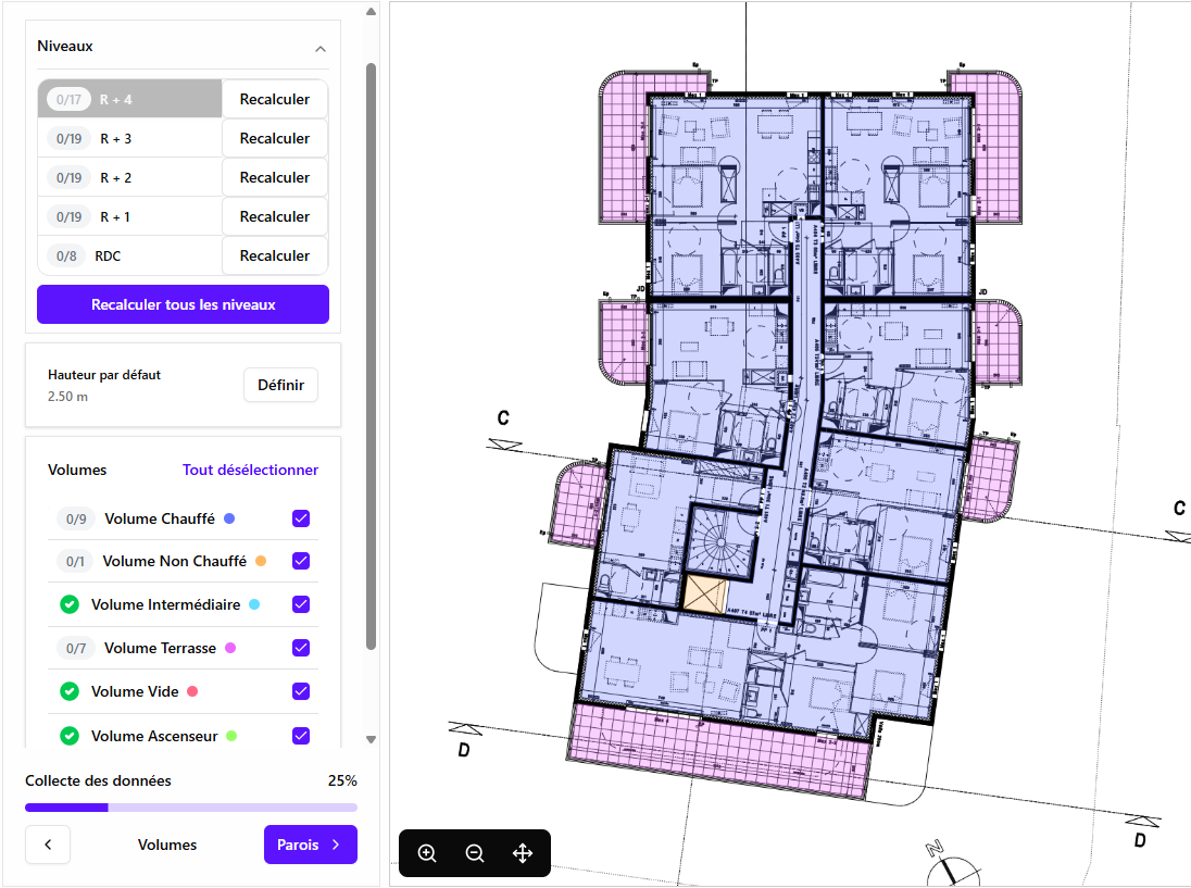 Interface ENIXO : configuration des volumes et plan de bâtiment